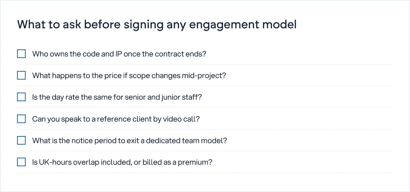 Checklist of six questions to ask a transformation partner before signing a contract, covering IP ownership, scope changes, rates, references, and exit terms