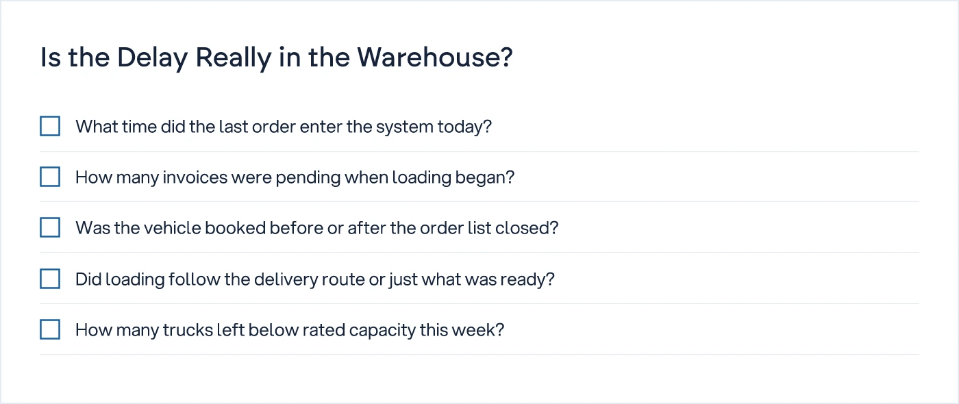 Checklist of five questions to diagnose whether dispatch delay starts in sales, finance or the warehouse