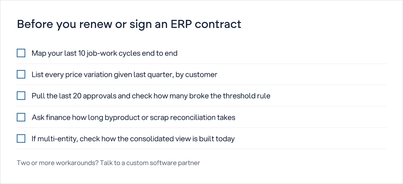 Checklist of five questions to audit process exceptions before renewing or purchasing ERP software