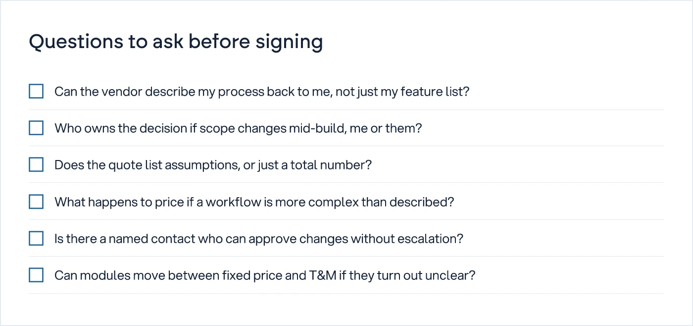 Checklist of questions a buyer should ask before signing a fixed price or time and material contract