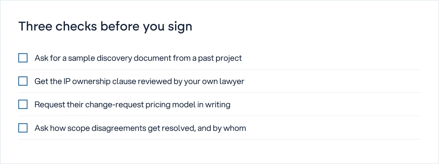 Checklist of three due-diligence checks for offshore partners: discovery document, IP ownership clause, change-request pricing