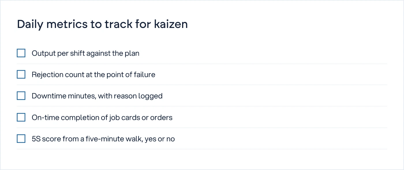 Checklist of five daily numbers used to track whether kaizen is working