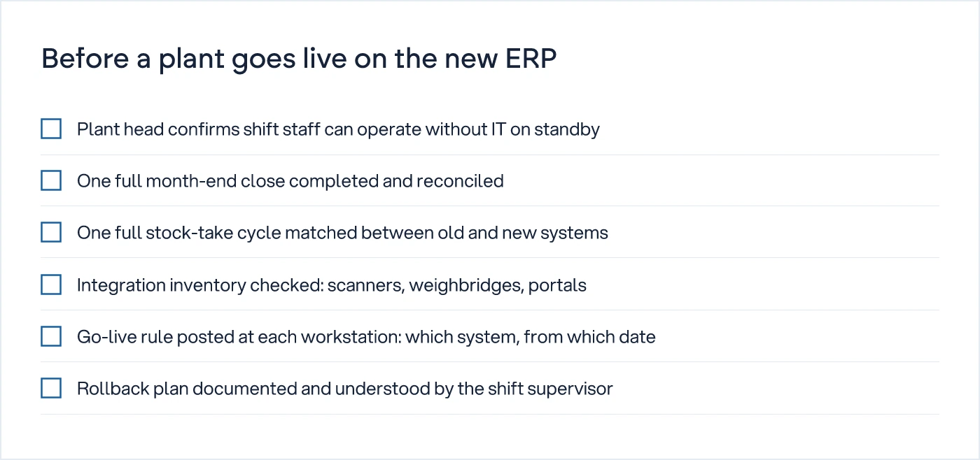 Checklist of readiness items to confirm before switching a plant over to the new ERP system