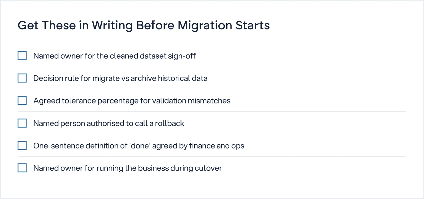 Checklist of six ownership commitments to get in writing before an ERP data migration begins