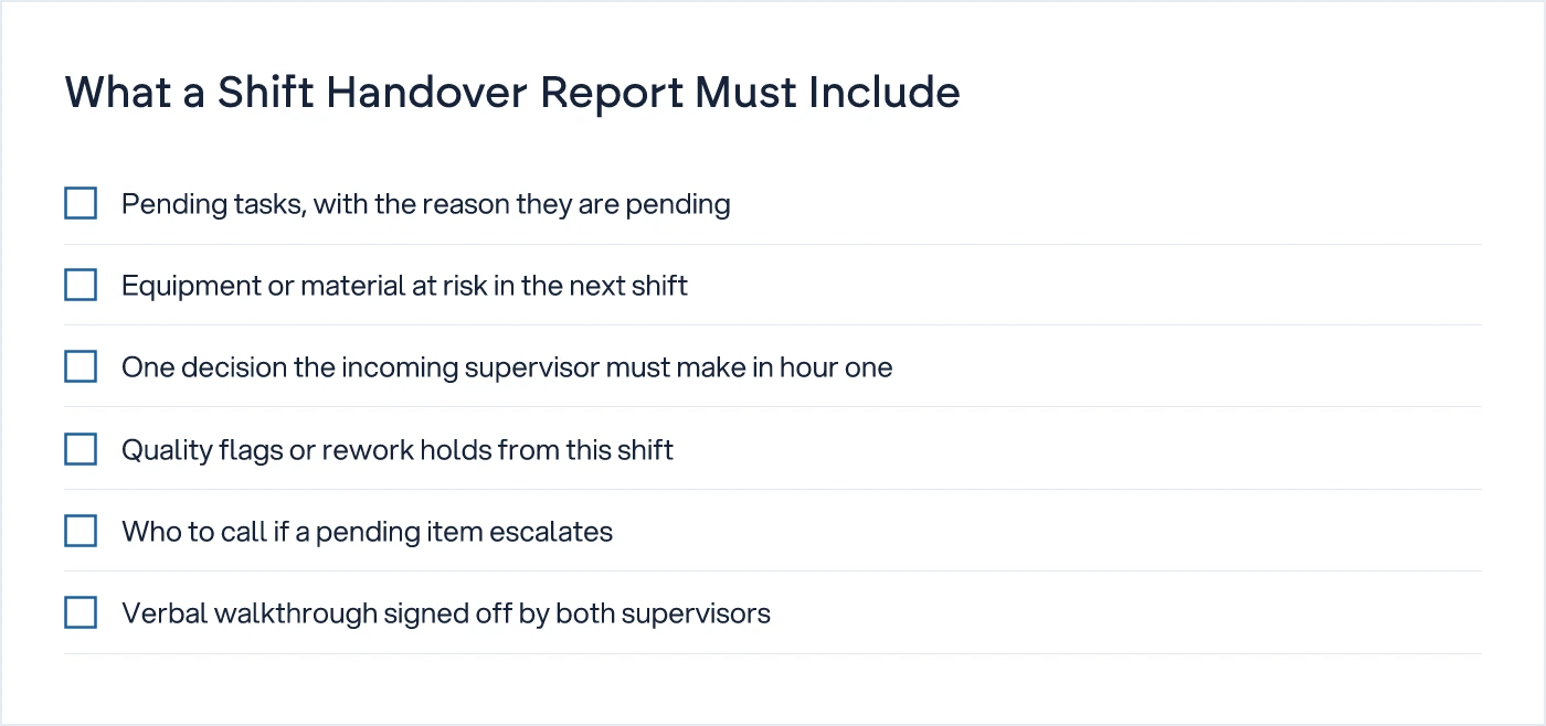 Checklist of six items a shift handover report must contain to be useful to the incoming supervisor