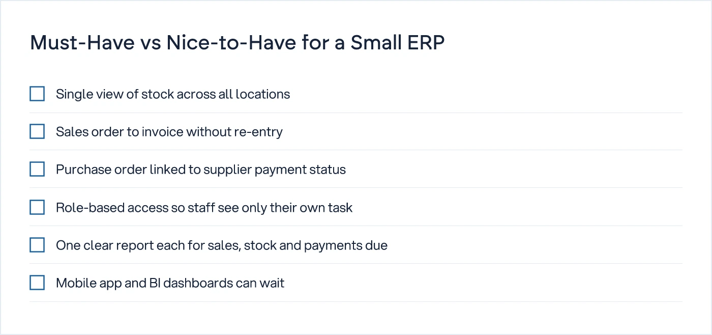 Checklist separating core ERP requirements from optional extras