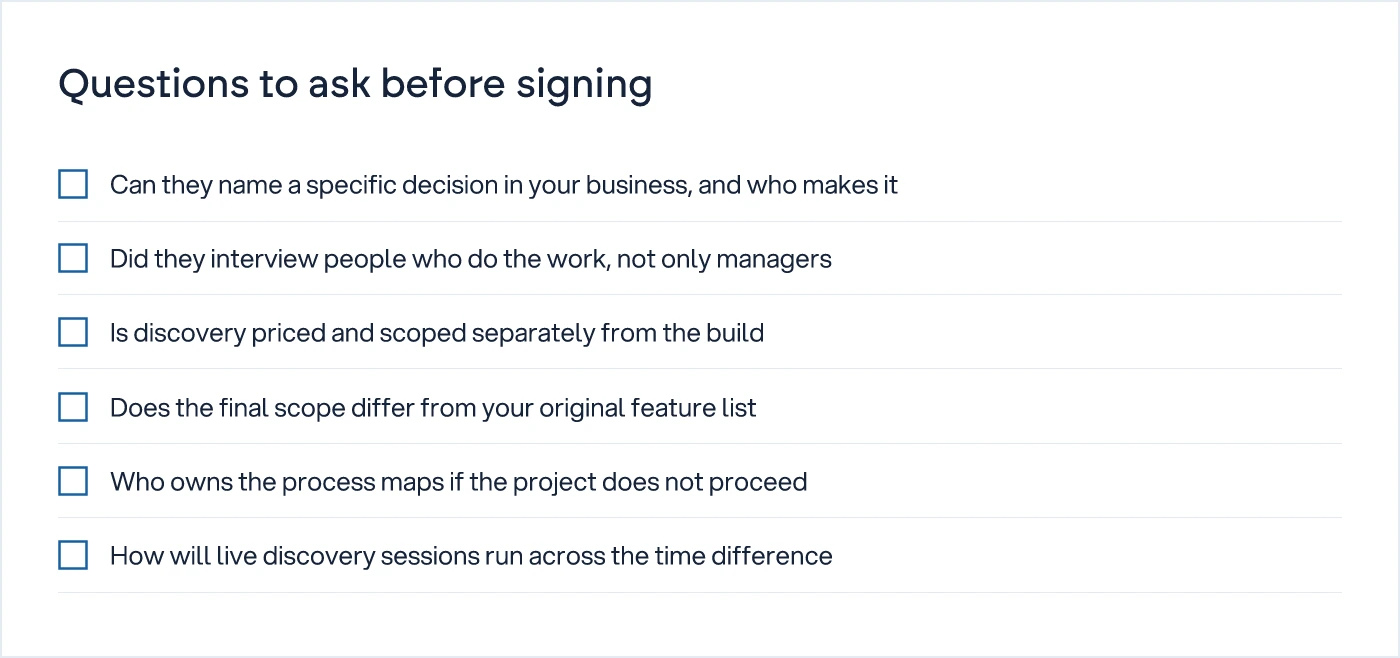 Checklist of six questions a buyer should ask a transformation partner before signing a build contract