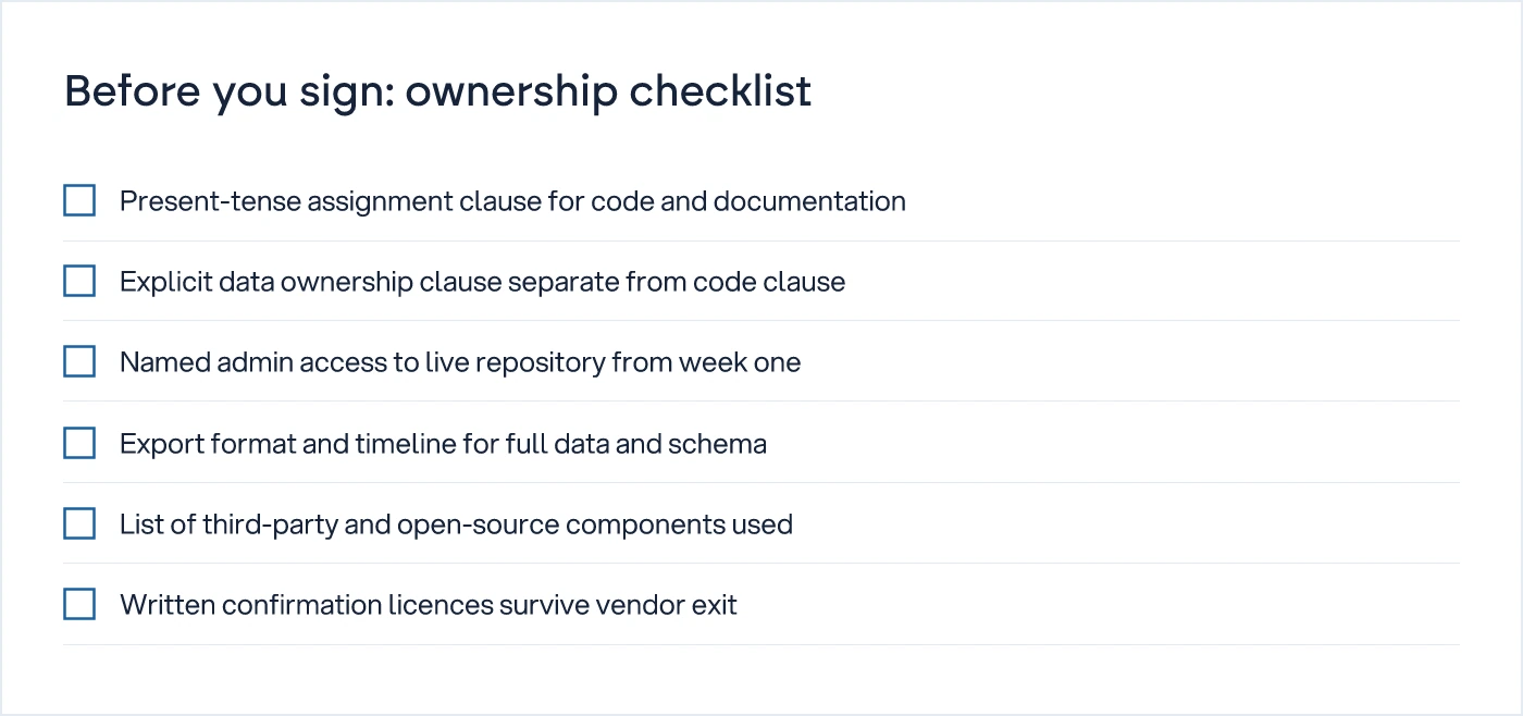Checklist of five contract items to confirm before signing a development agreement